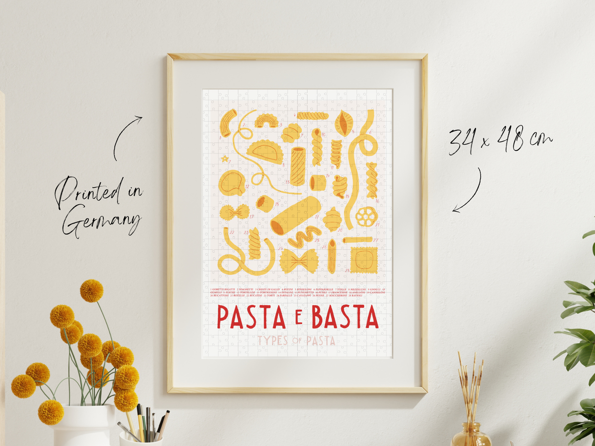 PASTA E BASTA TYPES OF PASTA Puslespil med 500 brikker – indrammet samlet puslespil på lys væg