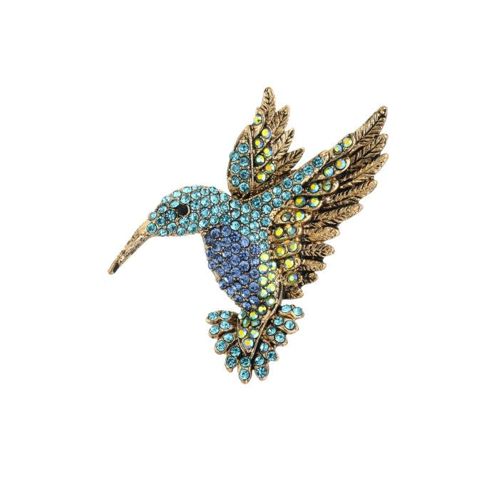 GLITTER KOLIBRI Broche, kolibri med turkis krop, gyldne vinger og funklende sten