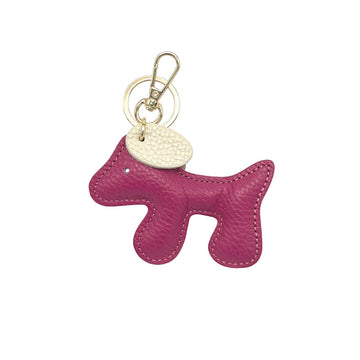 MØRK FUCHSIA & CREME HUND Læder Nøglering, hund i mørk fuchsia med cremefarvet øre