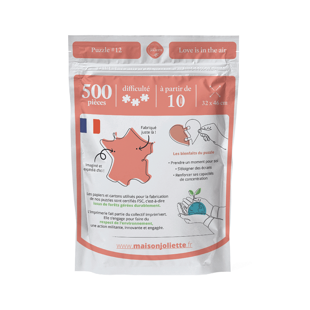 LOVE IS IN THE AIR Puslespil med 500 brikker – opbevaringsposens bagside med produktinformation