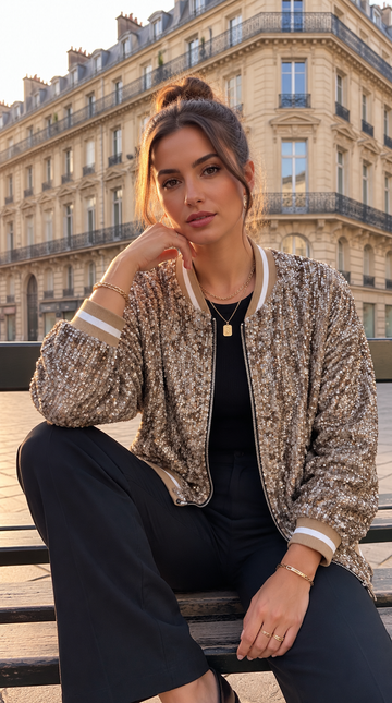 BEIGE BAMBI Palietbomber. Beige og brun palietbomber med dyremønster, vist på model eller bøjle.