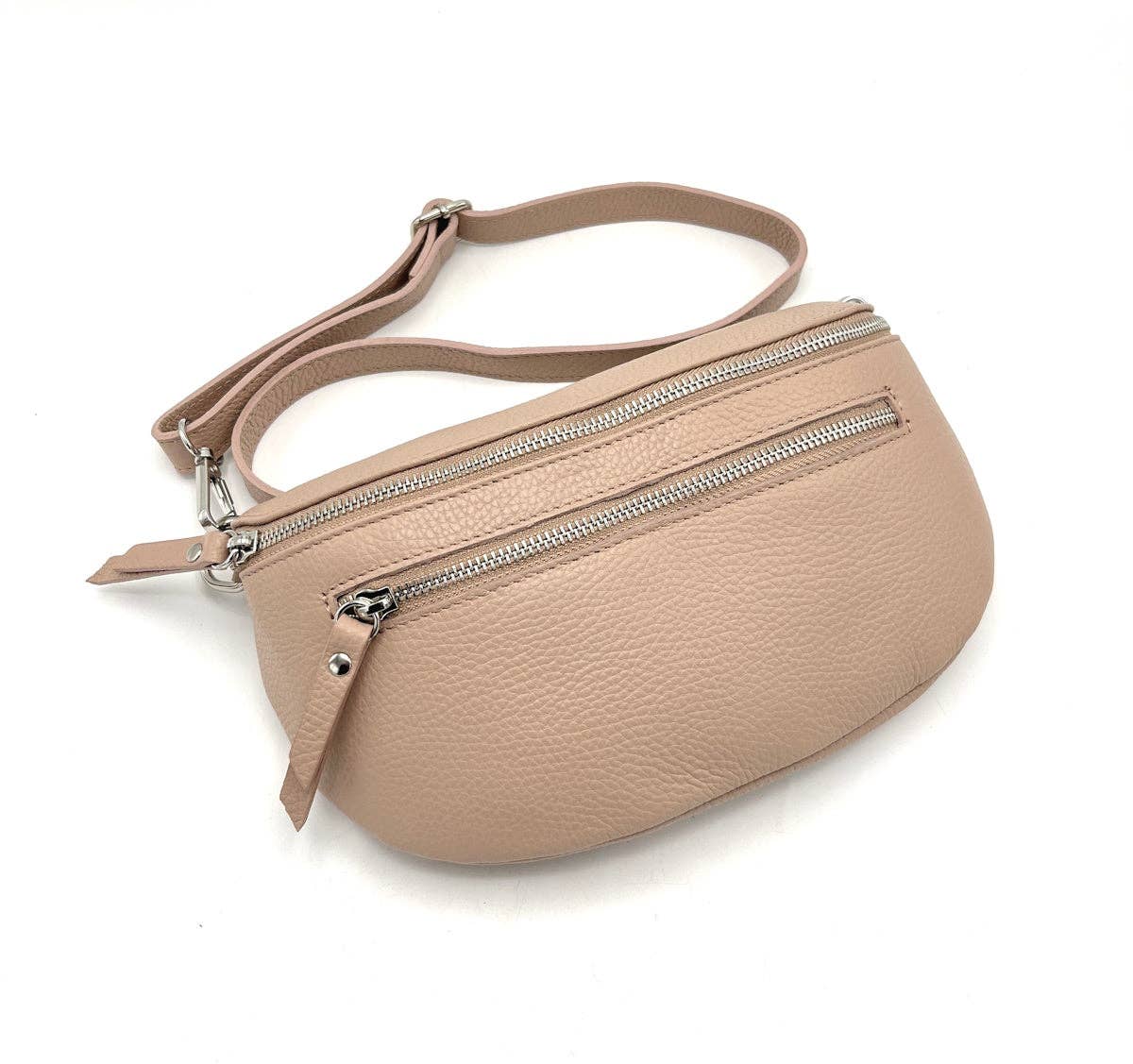 STØVET ROSA Læderbæltetaske med Frontlomme. Beige farvevariant med frontlomme.