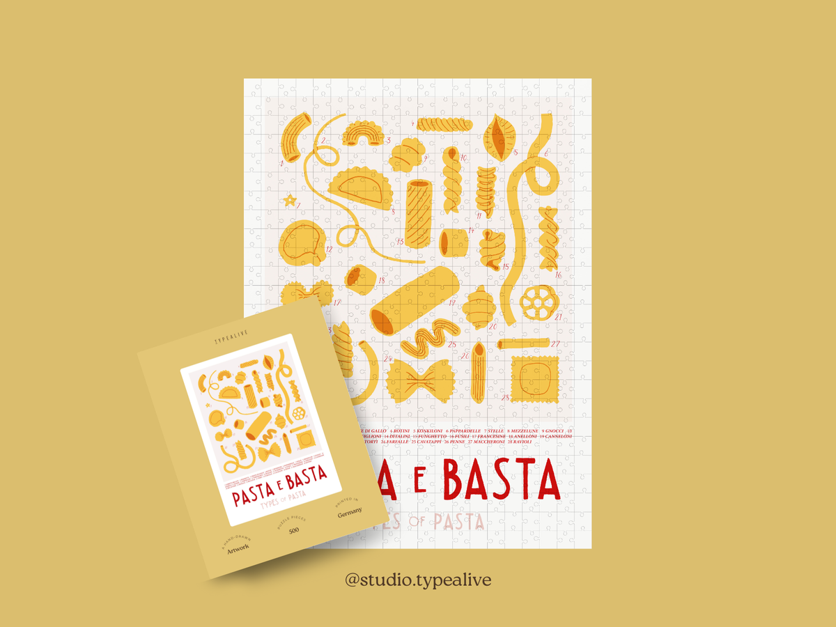 PASTA E BASTA TYPES OF PASTA Puslespil med 500 brikker – hele motivet med motivkort
