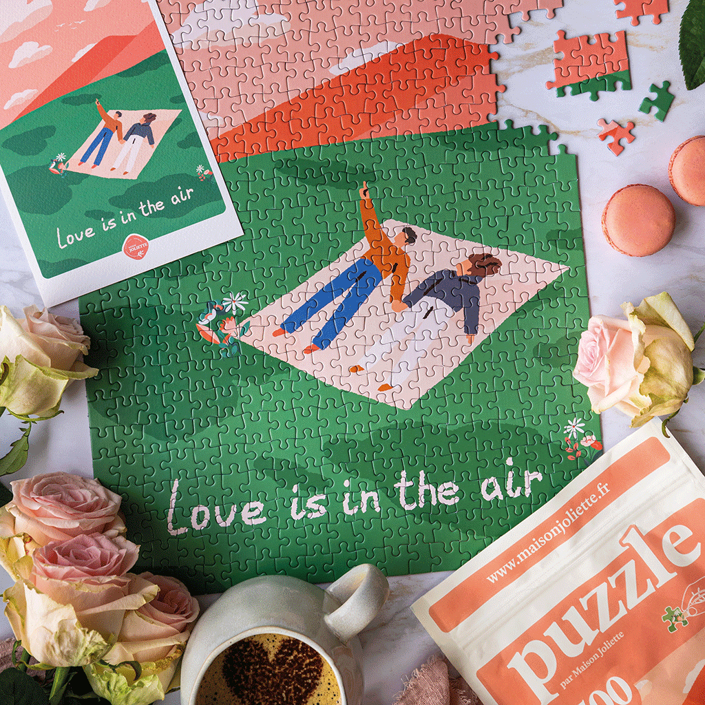 LOVE IS IN THE AIR Puslespil med 500 brikker – puslespil under samling med pose og motivkort