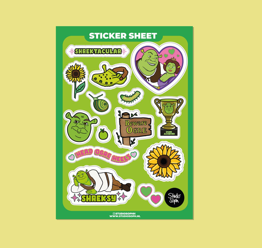 Beware Ogre klistermærkeark A5 med Shrek reference