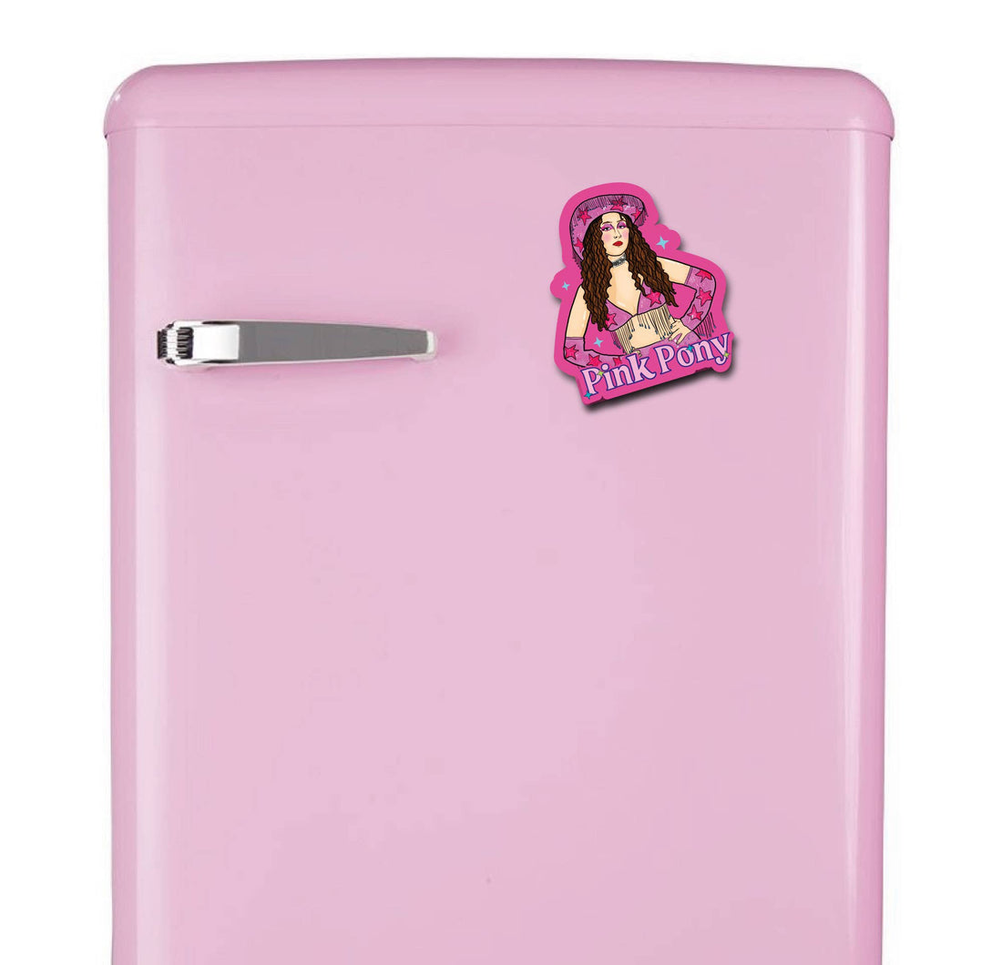 Pink Pony magnet på køleskab i farverigt køkken