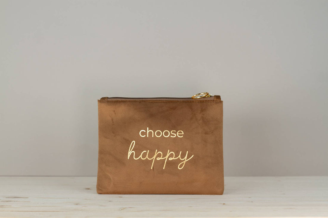 Choose Happy beige makeuptaske i velour med guld skrift