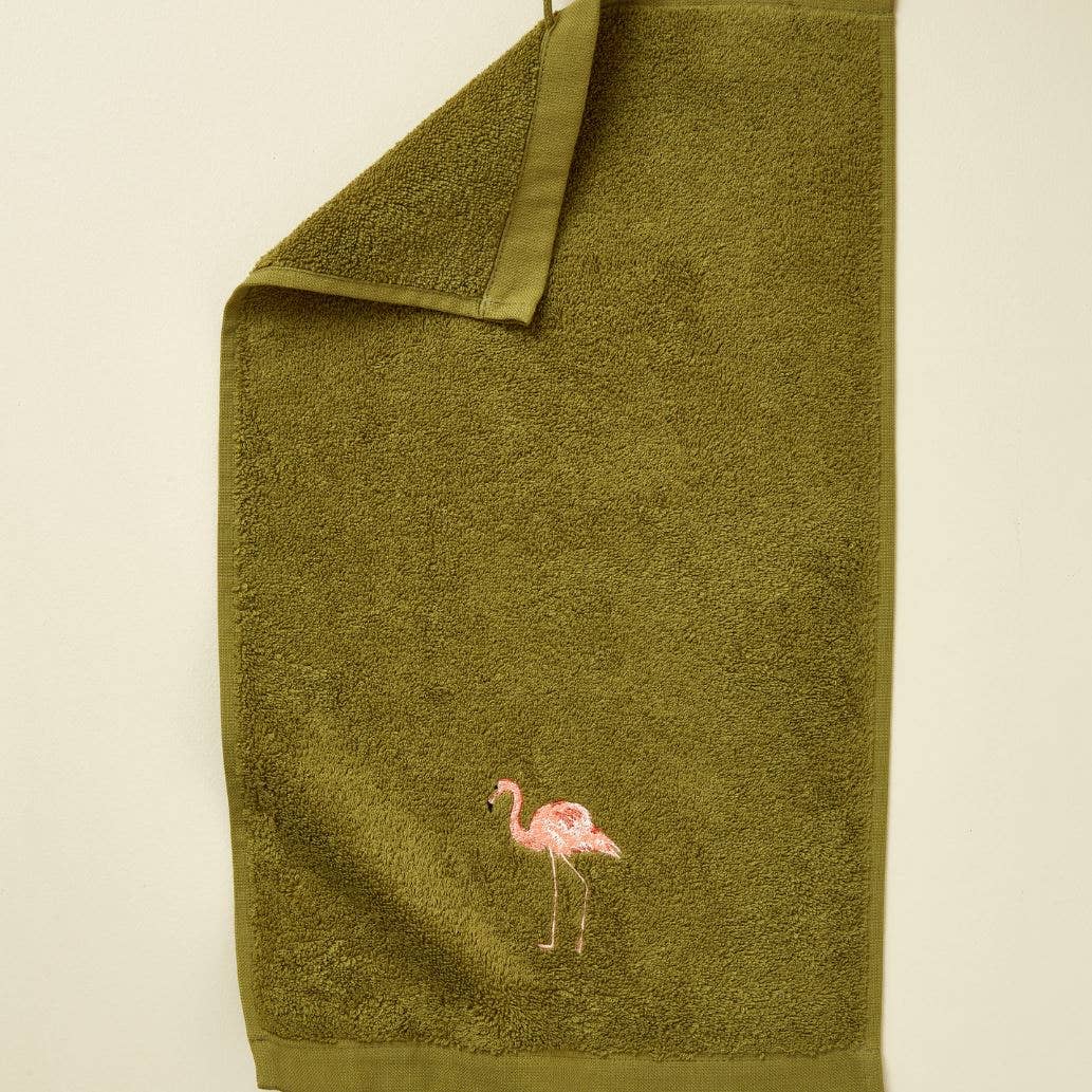FLAMINGO grønt gæstehåndklæde med broderet flamingo