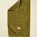 FLAMINGO grønt gæstehåndklæde med broderet flamingo