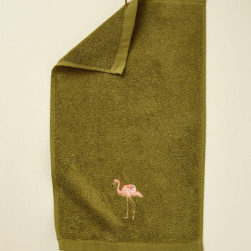 FLAMINGO grønt gæstehåndklæde med broderet flamingo