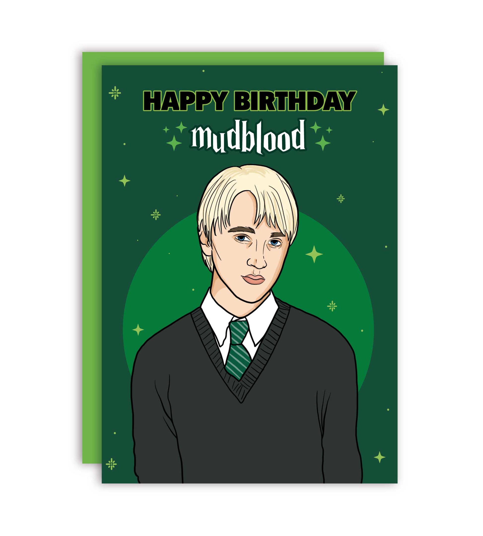 HAPPY BIRTHDAY MUDBLOOD Draco Malfoy Fødselsdagskort i Slytherin grøn