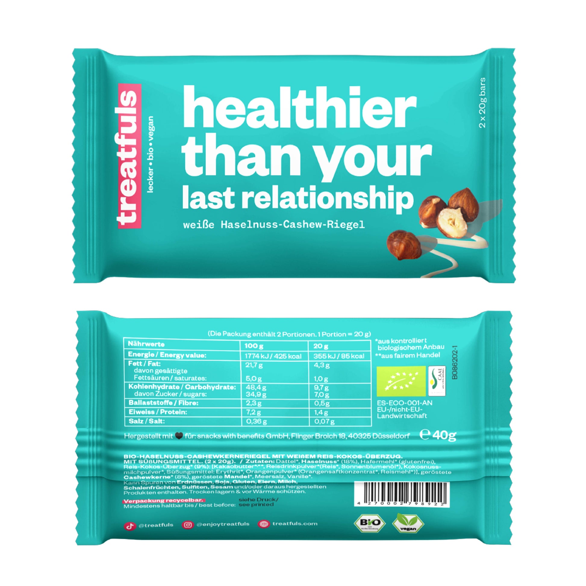 HEALTHIER THAN YOUR LAST RELATIONSHIP Økologisk Hvid Chokoladebar med Hassenødder, vegansk