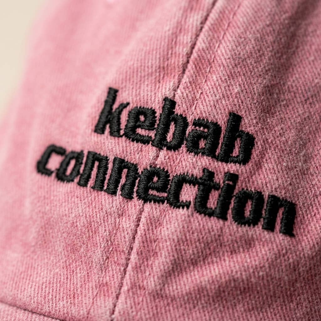 KEBAB CONNECTION Pink Broderet Kasket i økologisk bomuld med sort tekst