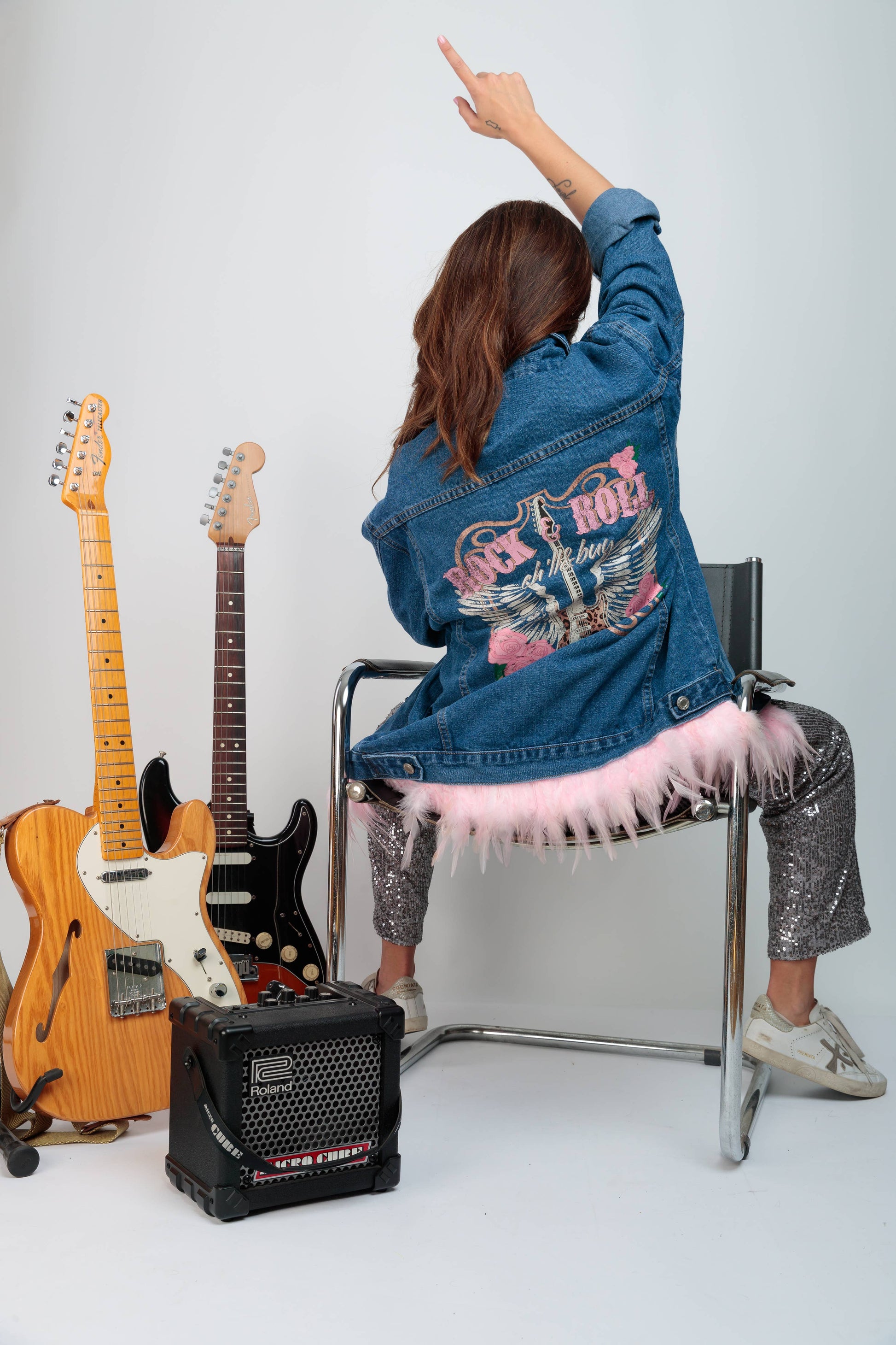PINK ROCK & ROLL FEATHER Denimjakke