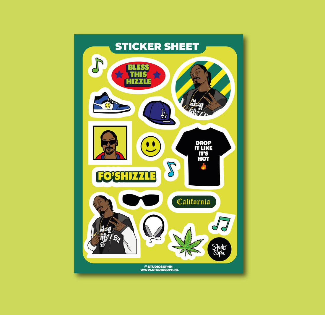 Snoop Fo’Shizzle klistermærkeark A5 med hiphop vibe