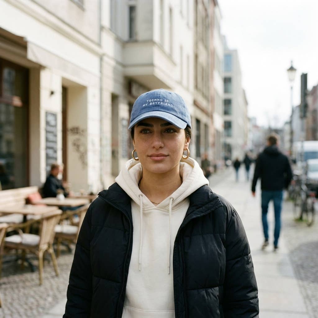 TECHNO IS MY BOYFRIEND Blå Broderet Kasket i Økologisk Bomuld