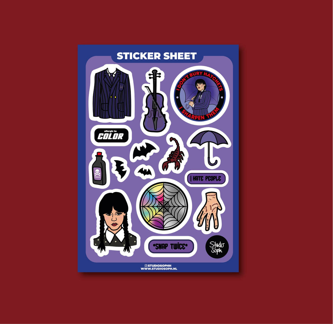 Wednesday klistermærkeark A5 inspireret af Addams Family