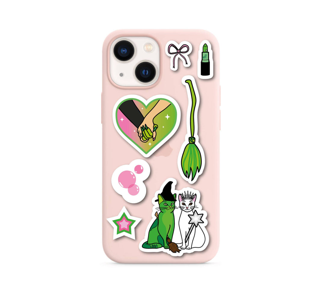 Magical Green and Pink Witches klistermærkeark A5