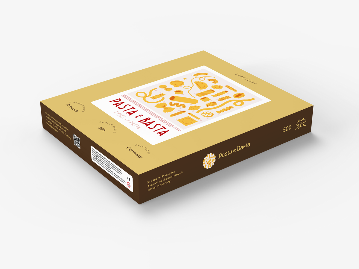 PASTA E BASTA TYPES OF PASTA Puslespil med 500 brikker – produktæsken set skråt fra siden