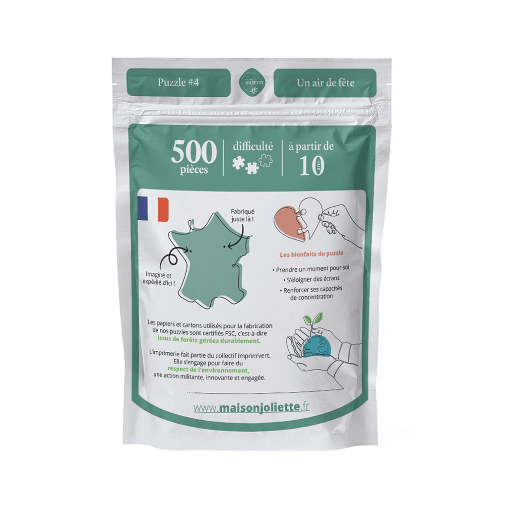 SOMMERFEST Puslespil med 500 brikker – opbevaringsposens bagside med produktinformation