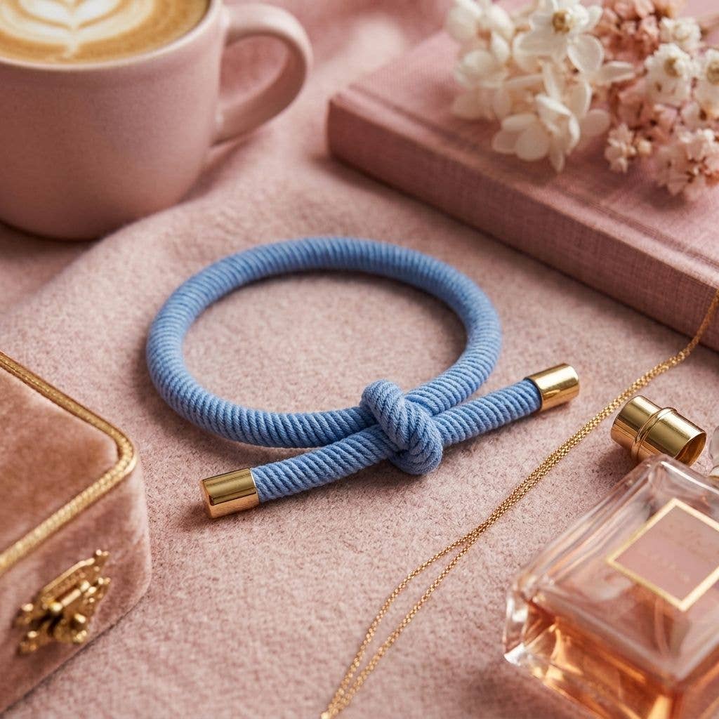 BLÅ Hårelastik og armbånd med guldfarvede endestykker ved en pink kop og guldfarvede accessories.