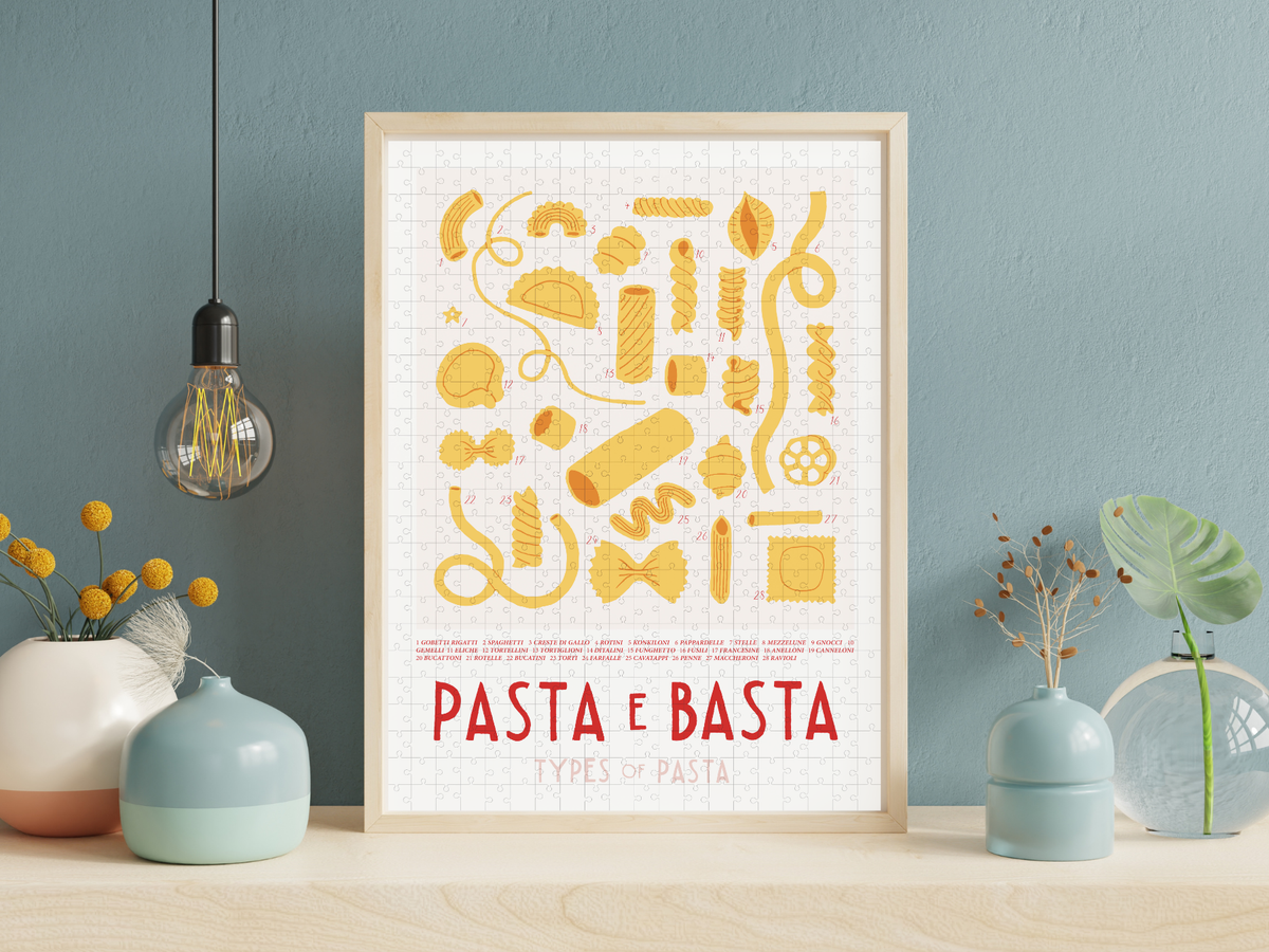PASTA E BASTA TYPES OF PASTA Puslespil med 500 brikker – indrammet samlet puslespil ved planter på grågrøn væg