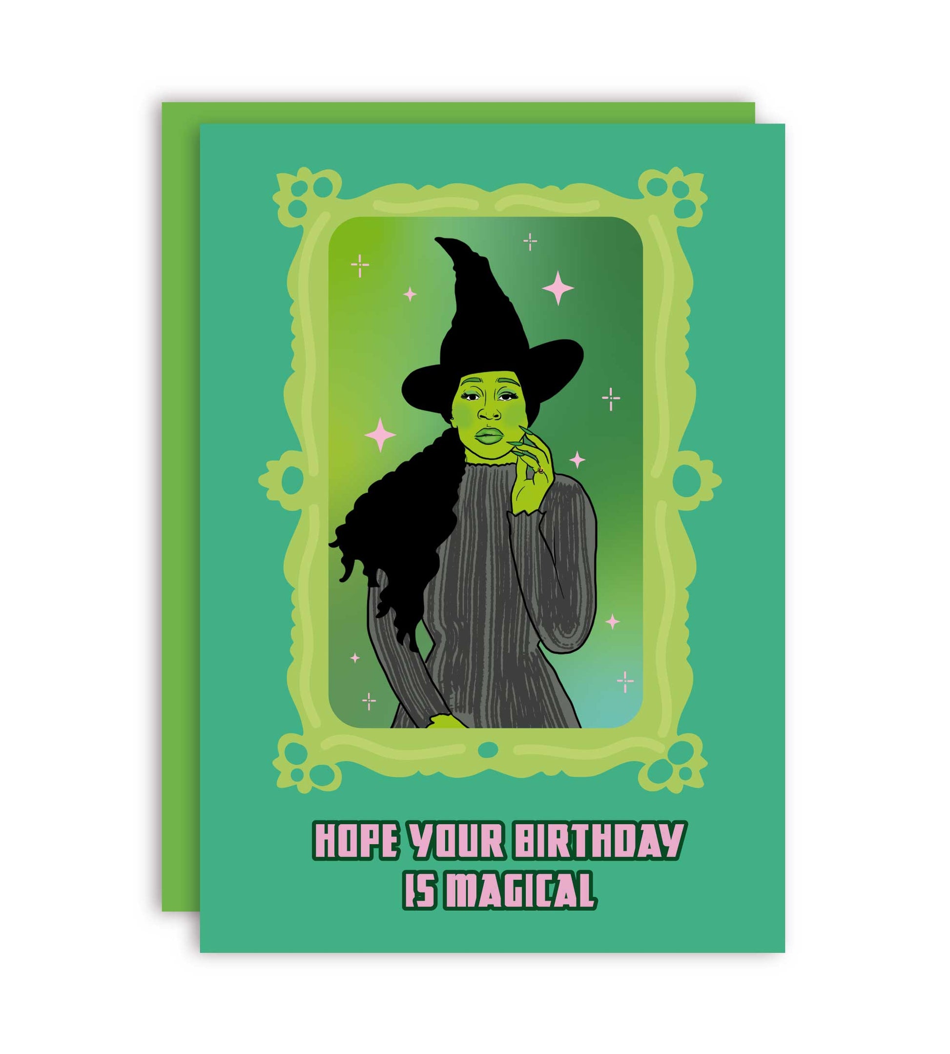 grønt wicked fødselsdagskort med elphaba på forsiden