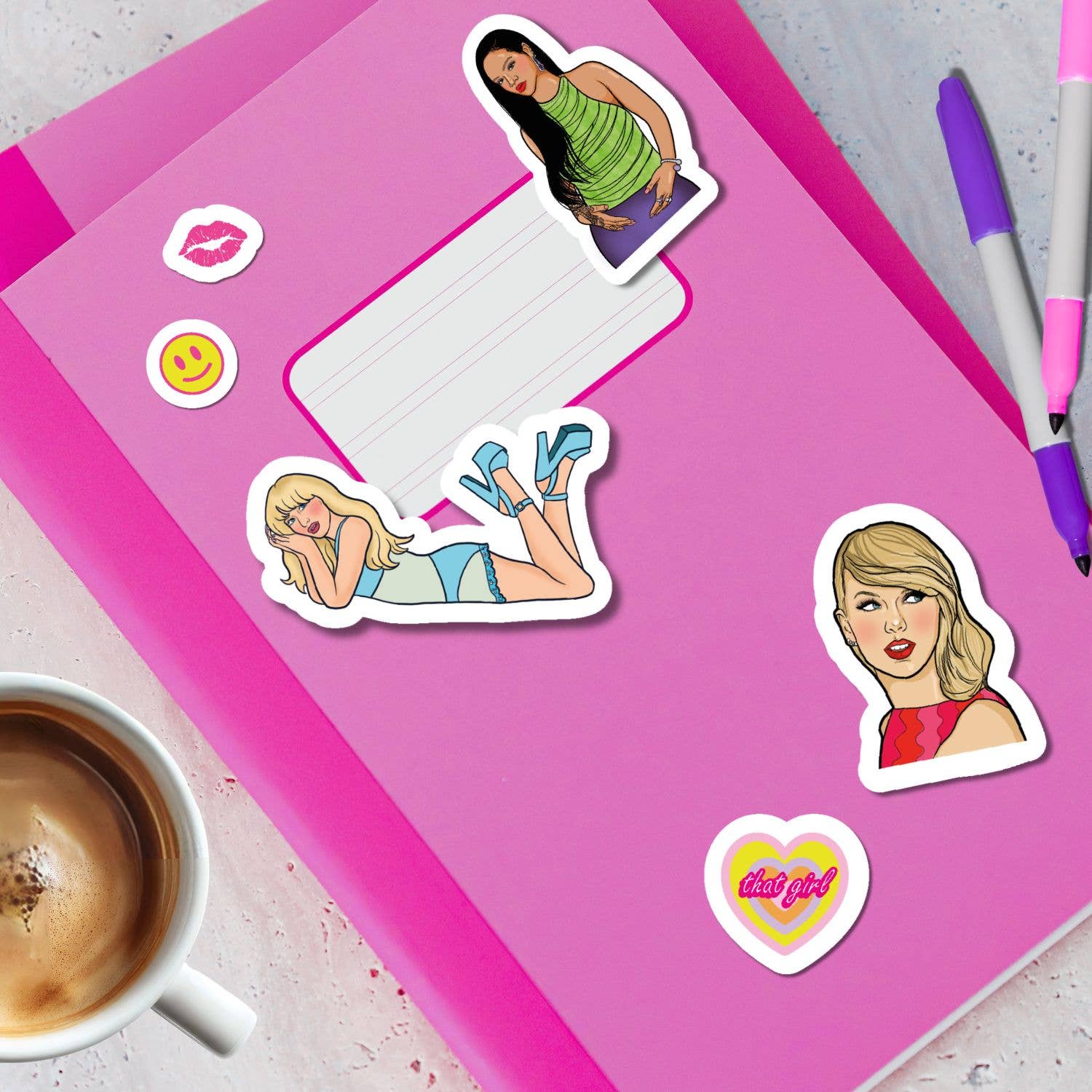 klistermærker til notesbog med Taylor Swift, Rihanna, Chappell Roan, Lady Gaga, Olivia Rodrigo, Ariana Grande og Sabrina Carpenter