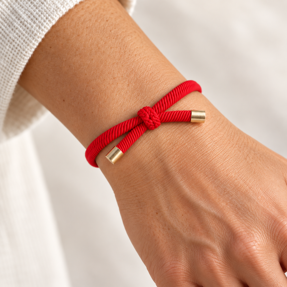 RØD Hårelastik og armbånd båret på et håndled med synlig knude og guldfarvede endestykker.